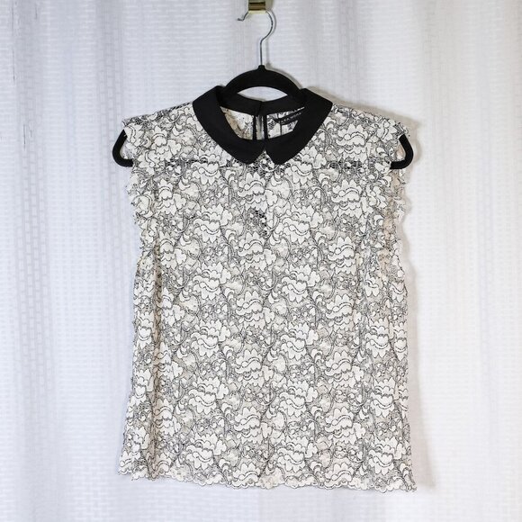 NWT Zara Woman Size L black/white lace short sleeve top w/black Peter Pan collar - Picture 1 of 11